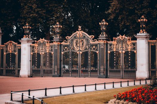 Stunning view of the ornate gates of Buckingham Palace, London.