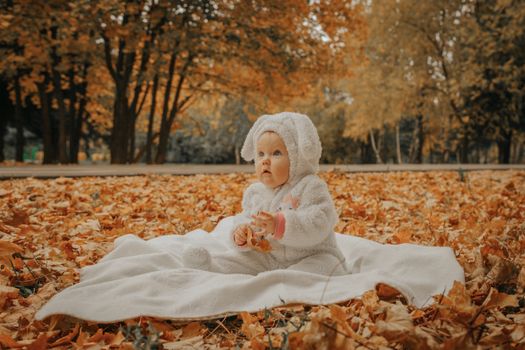 Charming baby in a cute bunny suit sits on a blanket surrounded by colorful autumn leaves in a serene park setting.