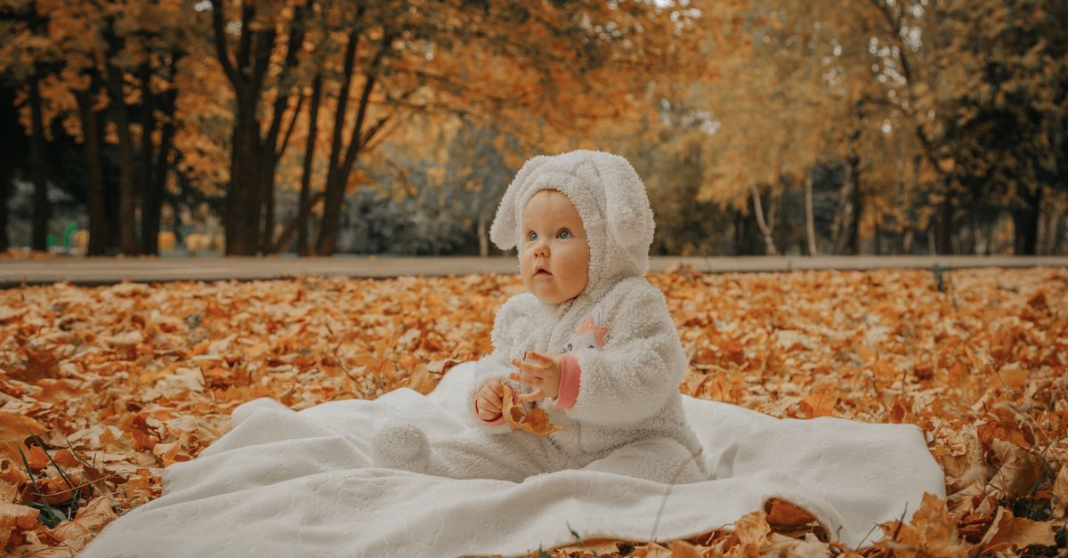 Charming baby in a cute bunny suit sits on a blanket surrounded by colorful autumn leaves in a serene park setting.