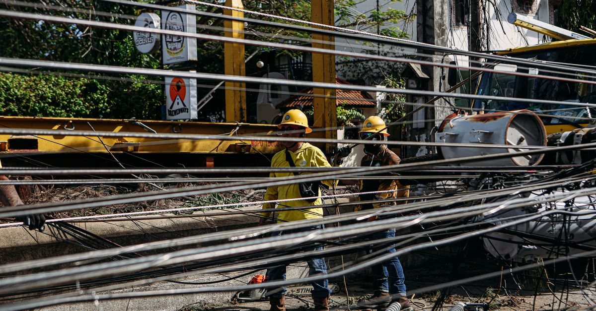 Utility workers in hard hats repair fallen power lines on a sunny day, ensuring electrical safety.