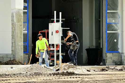 Two construction workers install an electrical panel outside a building site, wearing safety gear.