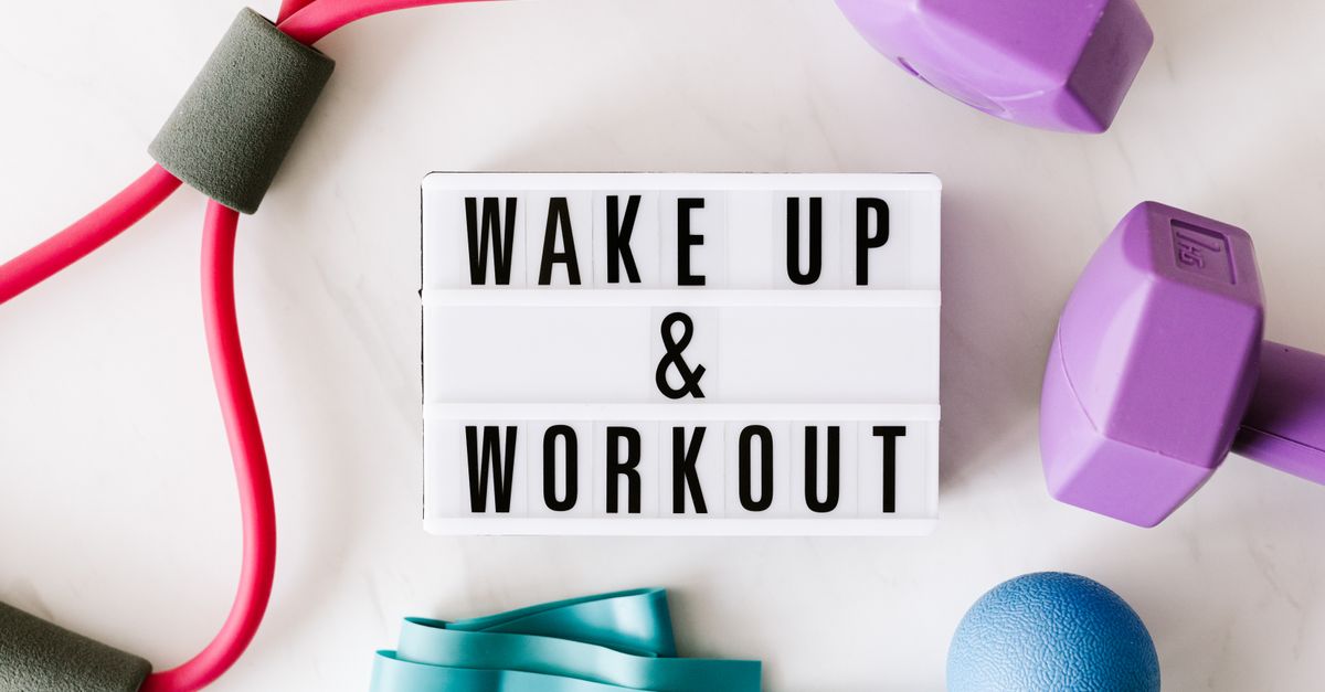 Top view closeup composition of wake up and workout inscription on light box surface among expanders and dumbbells and massage ball on white background
