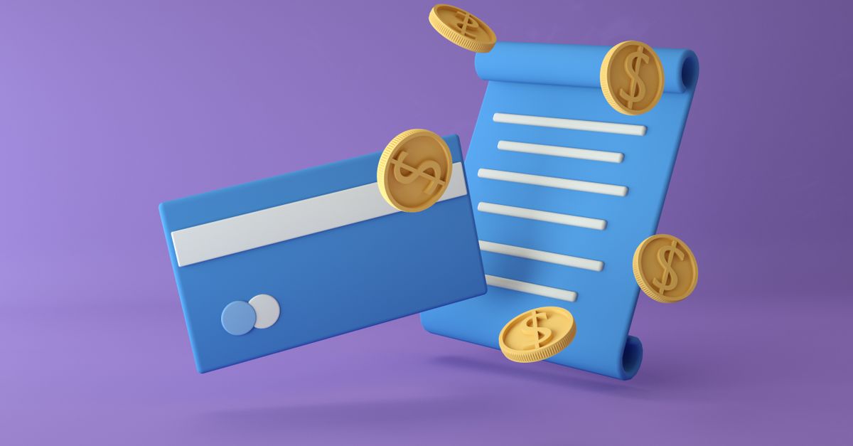 3D rendered illustration of a credit card, coins, and contract on a purple background.