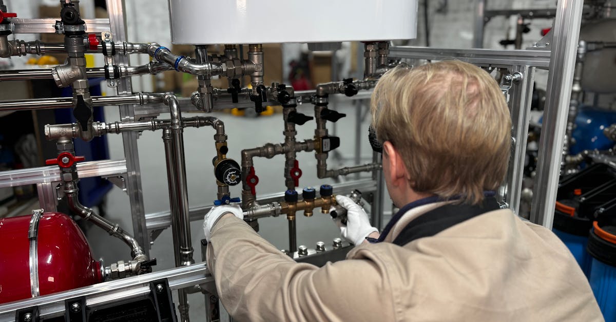 Engineer working on industrial pipe system in a factory for heating and production adjustment.