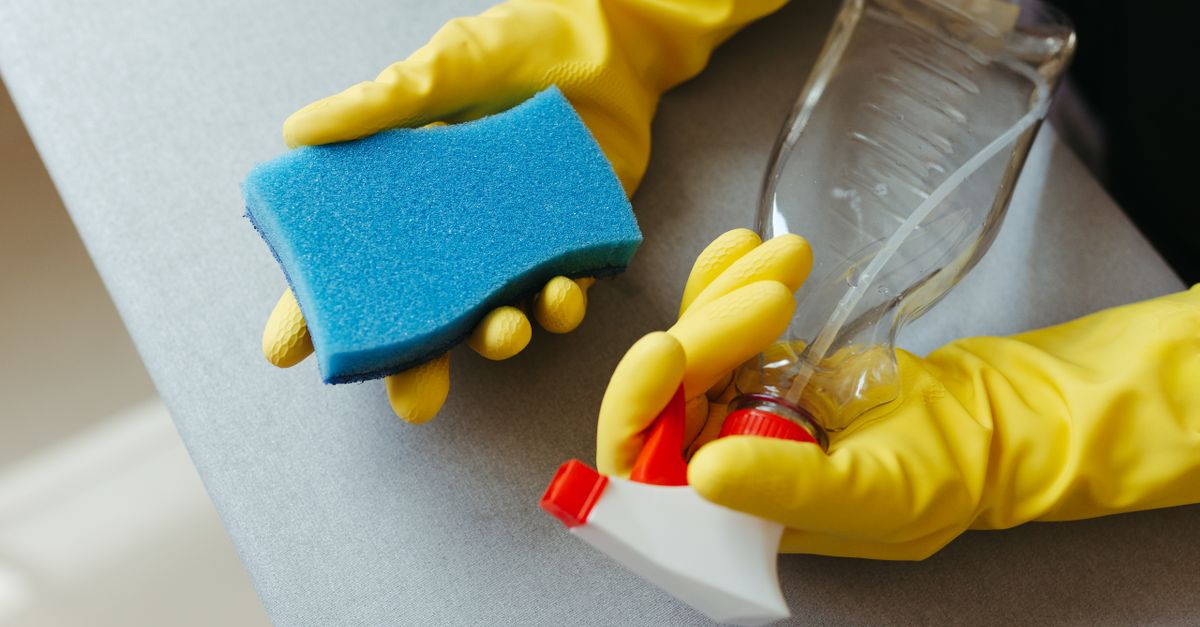 Close-up of hands in gloves holding a sponge and spray bottle for cleaning.