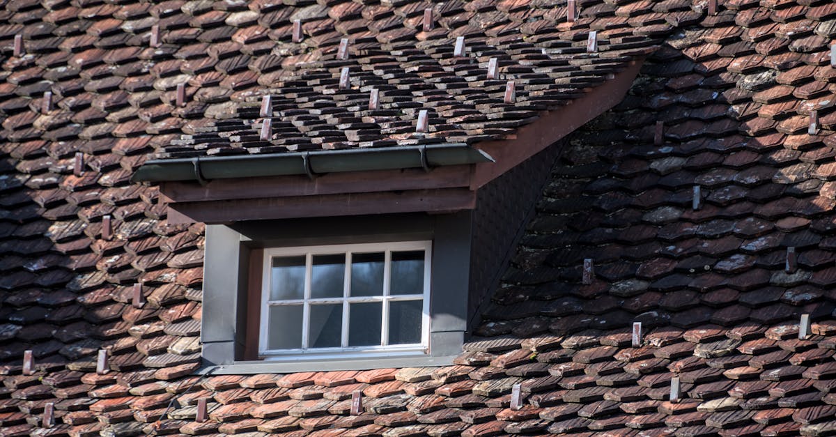 Close-up of a vintage rooftop with a dormer window, showcasing unique tile arrangement and architectural details.