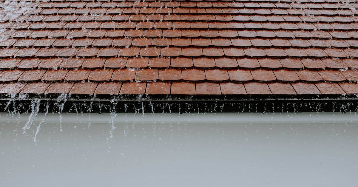Brown roof tiles with rainwater cascading down, showcasing architectural texture and detail.