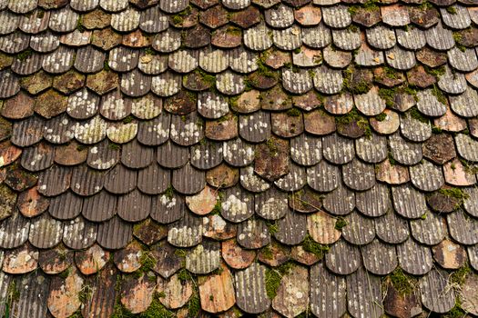 Close-up of weathered roof tiles with moss growth in Lausanne, Switzerland.