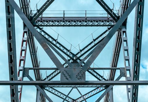 Close-up view of a steel bridge's intricate metal design towering against a clear blue sky.