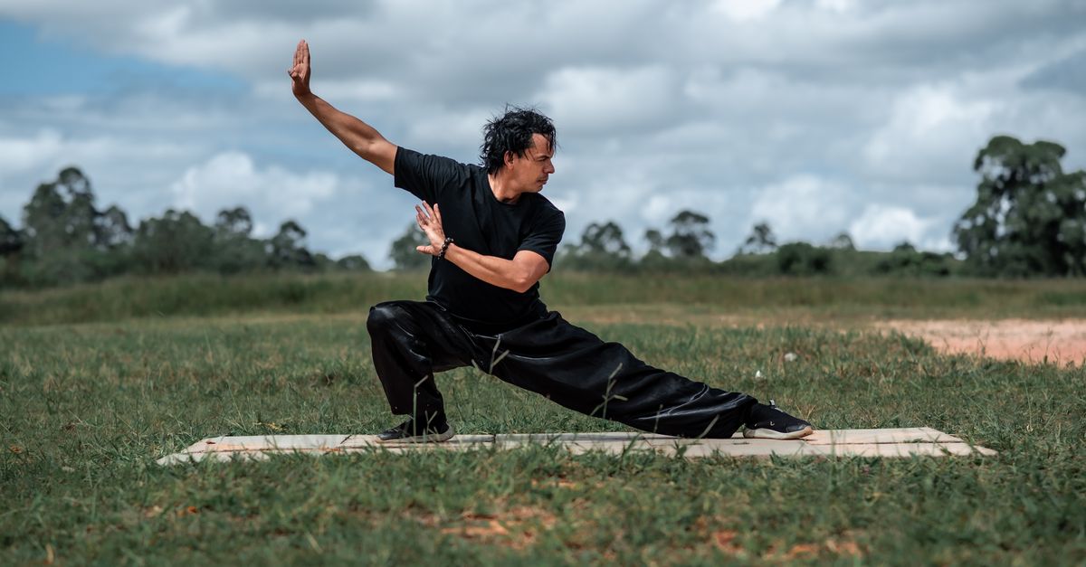 Adult man performing Tai Chi on a grassy field, showcasing martial arts mindfulness in nature.